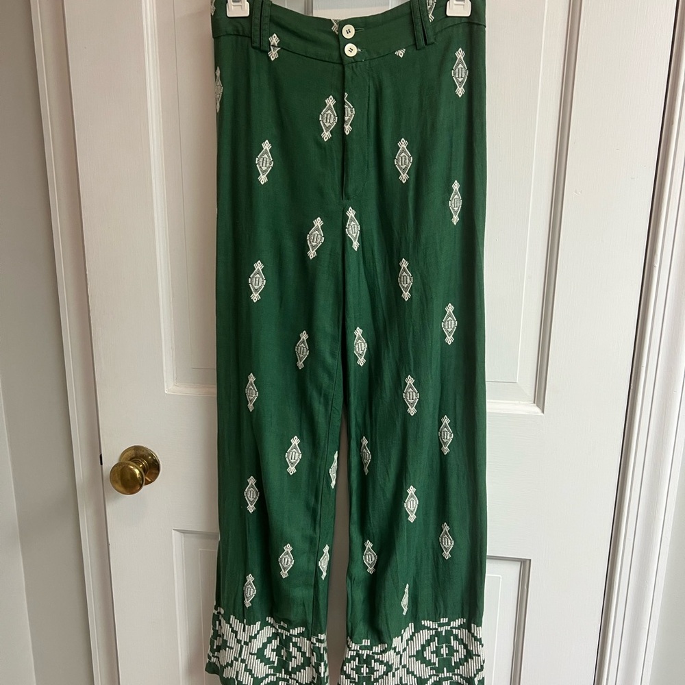Zara Green Pants with White embroidery
